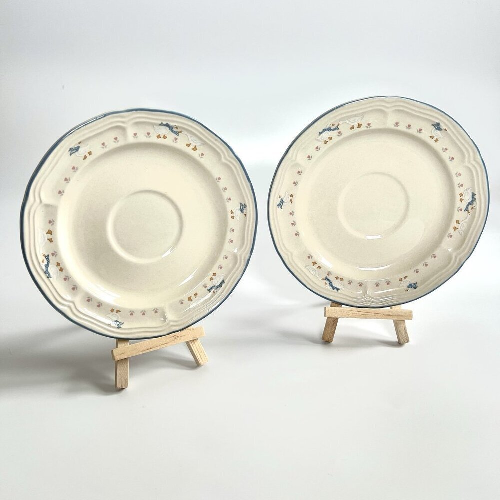 Vintage Brick Oven Stoneware Saucer Aunt Rhody Blue Goose Set Of 2 Plates 6.5"